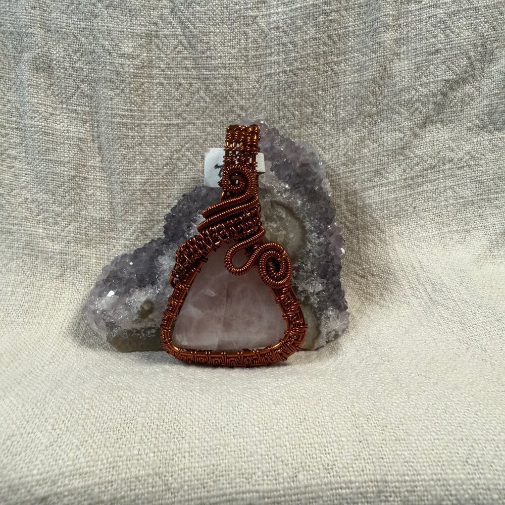 Natural Rose Quartz Triangle Gemstone Handmade Copper Wire Wrapped Pendant